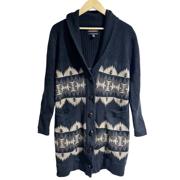 Pendleton Sweaters - Pendleton Women Small Black Long Button Down Cardigan Wool Aztec Print Pockets